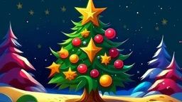 fantasy cartoon style illustration: a golden star on top of the Christmas tree, decorated wit red and purple christmass balls, in the snow