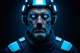 close-up portrait of a middle-aged man with cybernetic enhancements, wearing a futuristic neural interface helmet, glowing LED implants on face, cyberpunk aesthetics, highly detailed, cinematic lighting, soft shadows, emotional expression, realistic textures, 8k, HDR, full face
