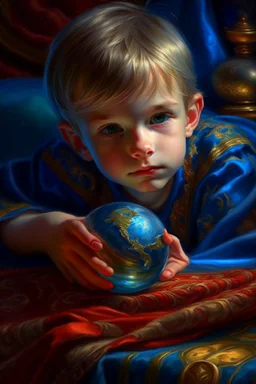 book cover illustration, oil painting portrait of metallic sleeping slightly cute smirking innocent blue eyed vampire holding small earth on a platter on a towel, bokeh , high detail, smooth render, prize winning, down light, depth of field, aura, in wind