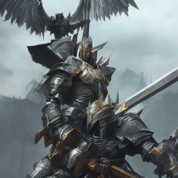 Human male Winged Warrior Knight in black metal mech armor wielding two giant swords ready to fight, rage, sorrow, symetrical, centered, high definition, ultra 8K, volumetric lighting, blue fire, fog, extremely detailed, hyper realistic