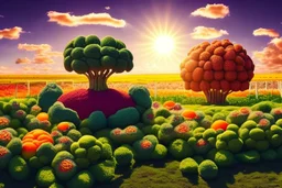 lifelike photography, vegetable and fruit landscape, broccoli forest, chive field, cauliflower sheep, orange sun, whipped milk clouds, raspberry flowers, cheese barn and haystack in sunshine, surrealistic