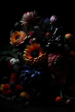 an incredible bouqet of flowers, highly detailed, black background, wonderful art, astonishing detail, trending on artstation, octane render