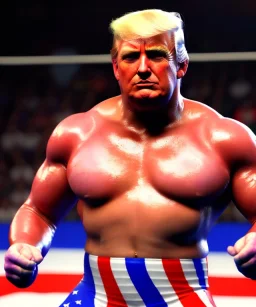 Realistic image of Donald trump wrestler, Mexican wrestling style, eye liner, red and blue breeches, glow us flag dress, suspenders, retro style, 80s, vibrant color, highly detailed, clean background, concept art, unreal engine 5, god rays, ray tracing, RTX, lumen lighting, ultra detail, volumetric lighting, 3d, finely drawn, high definition, high resolution.