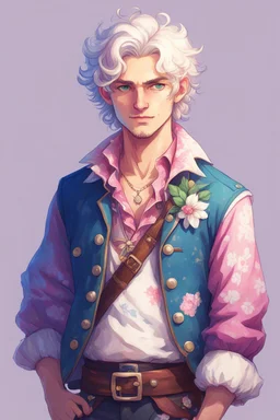 kind young sailor, man, white slightly curly hair, pirate shirt, pink and azure clothes, white floral pattern on jacket, flower in hair, stardew valley style