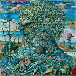 For The Eye of Silence Max Ernst employed a technique called decalcomania to create arbitrary textures on the canvas, which he then reworked to resemble rock formations, plants, a primordial-like part vegetation, part rock and part minerals, creepy and nightmare