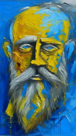 a tough oil brush blue and yellow abstract on rough canvas make a surreal figure of a face with beards and bold head thin sculpture