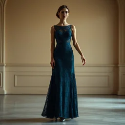 Full-body fashion editorial photograph of an elegant and beautiful woman. She is wearing a sophisticated, delicate dark cyan lace evening gown with modest coverage and matching high heels. Captured in a high-end luxury ballet stage setting with soft, dramatic studio lighting that highlights the texture of the lace. Graceful posture, professional model pose, realistic skin textures, cinematic atmosphere, haute couture style in a luxury stage.