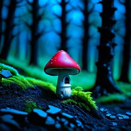 "Close up of a wonderful tiny Mushroom Tower home. indigo and red with bright white, deep black and contrasting tones of gray. Illuminated bioluminescent forest. Professional painter, master at composition. small but detailed. broken, blurred background, voluminous lighting"