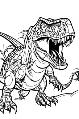 create a coloring page: Show a T-Rex raising its claws in a threatening display to ward off intruders from its territory. Kids can color the claws with sharp, contrasting colors to make them stand out. ink drawing clipart, simple line illustrations, colored