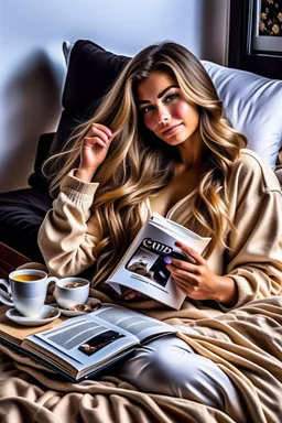 On the cover of the magazine, a gorgeous supermodel lounges on a plush bed with a fluffy duvet and cushions. She is dressed in a stylish and comfortable sleepwear ensemble from a renowned designer brand. Her long hair is sleek and shiny and her makeup is natural and radiant. She looks relaxed and happy, holding a cup of coffee and a book