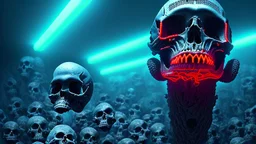 hundreds of non-anatomically correct, dark comic art, graphic novel,human skulls stacked into a wall unusual neon lighting, high velocity, 64k, dystopian, vray,