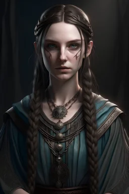 Young female high elf noble wizard with dark black eyes and very pale skin long dark hair with braids in, photo realisim fantasy dungeon and dragons