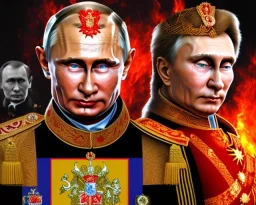 Russia president Vladimir Putin devil fangs and Moscow in fire with roket