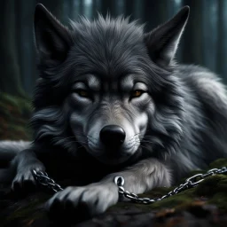 sad small scruffy wolf wearing a silver chain around its neck laying down eyes closed, photorealistic, 4k, dark fantasy, forest