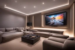 a dedicated home cinema room with LED ambient lighting in the walls