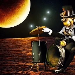 android one man band, full moon background center large, steampunk style,