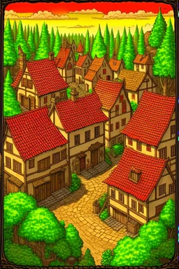 Handdrawn, medieval city, merchant, village, forest