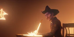 cowboy sitting on a chair lighting up a cigar