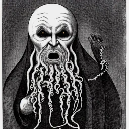 Russian Orthodox nosferatu with five yellow eyes and tentacle beard and long arms and fingers and a horns