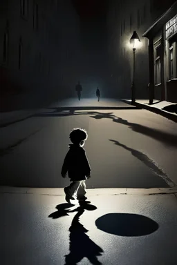 A boy playing on the street at midnight with his shadow