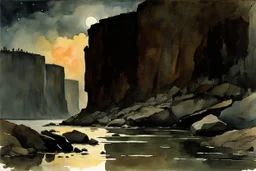 Night, rocks, cliffs, puddle, mountains, sci-fi, fantasy, very epic, winslow homer watercolor paintings