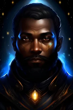 Generate a dungeons and dragons character portrait of the face of a male cleric of the night, human that looks like a black young man with beard. Has glowing eyes and is surrounded by holy night light . Realistic style, high res. No tatoo on the face