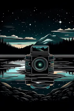 A sleek, digital camera rests on a weathered log, capturing a starry night sky reflected in a still mountain lake. The Milky Way stretches across the canvas, with a lone figure gazing upwards in wonder. Style: Geometric, Mood: Dreamlike, Lighting: Cool, starry night with a touch of moonlight on the lake, T-shirt design graphic, vector, contour, white background.