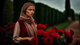 back to the camera a dark blonde young woman in old hungarian pale brown villager cloths and headscarf stands in front of the nice red rose bush, und dark red running roses around, high detalied, sharp focus, high realistic, perfect photo