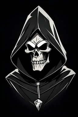 1970s goofy character of a skull face character wearing a black hooded cloak, drawn in a early animation style, inside a lighter diamond shape on a black background, monochromatic