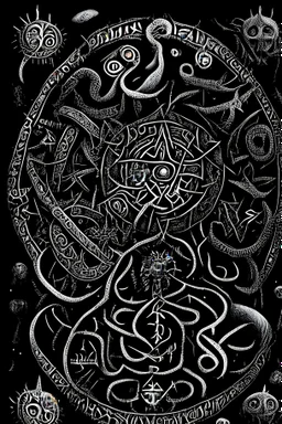 A highly intricate,complex, evil Lovecraftian mandala made of Lovecraftian elder gods,tentacled monstrosities,Elder Sign, Cthulhu,Yog-Sothoth,Nyarlathotep,Azathoth,pnakotic script, and occult symbols,black and white.