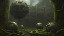 Surreal floating alien balls with tentacles, rampant foliage, vines, and moss, next to a derelict alien building, photorealistic