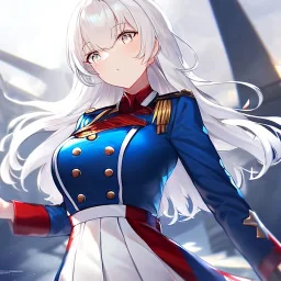 Clear focus, High resolution, medium length hair, white cyan hair, cyan eyes, wearing a american uniform, Sighing, wearing a medium skirt,
