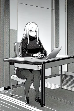 thin hacker girl use a laptop on a table sitting in a cafe, line arts, greyscale