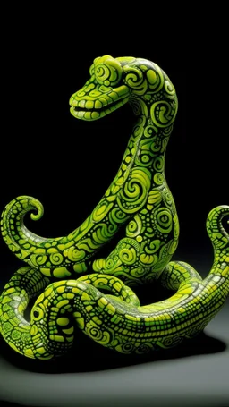 A lime green poison elemental cobra lamia designed in ancient Roman mosaics painted by Keith Haring