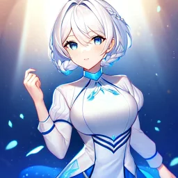 girl, masterpiece, best quality, volumetric lighting, detailed outfit, perfect eyes, white hair, blue eyes, short hair, twin braided ponytail,