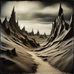 Creepy landscape, strong texture artistic polaroid volumetric light, dramatic, Yves Tanguy, Egon Schiele, 3d abstractism