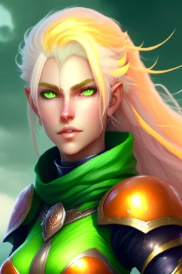 fantasy setting, woman ranger with orange and white hair, pastel green eyes, kind, soft facial traits