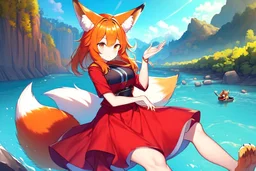 Girl, fox ears, one big fox tail, orange hair, red skirt, river, fox foot