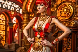 a skinny Cleopatra, with a bob red hairstyle, standing in a steampunk setting.