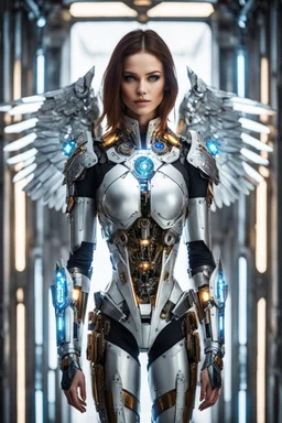 Gorgeous photography super model Russian as Angel Cyborg Robotic Beautiful woman dressing mechanical Symmetry sci-fi armor, tech wear, glowing colors lights sci-fi, intricate, elegant, highly detailed, digital photograph, walking space ship room