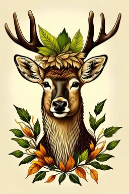 A deer wearing a Crown made of leaves.