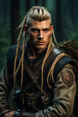 photorealistic hyperdetailed portait of 20-year-old german male, as mercenary with long blonde braided and undercut hair, tribal tattoos and neatly trimmed beard wearing modern mercenary uniform dark fantasy forest backdrop