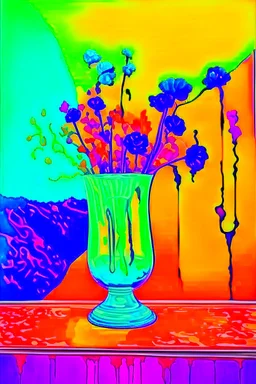 melted flowers in a glass vase, melted family pictures on the wall in the style of Salvador Dali's with green, blues, orange and purples, surrealism style