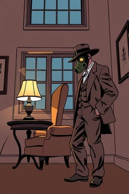 wingback chair and a small table with lamp, with a man standing beside wearing a gas mask and wide brimmed flat top hat, elevated downward perspective, window at rear, graphic novel