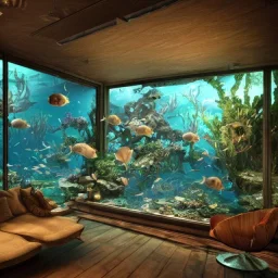 a gorgeous, stunning underwater room with glass wall, livingroom, dark wood floor, foliage, ocean marine life, 8k resolution, high-quality, fine-detail, iridescent, intricate, digital art, detailed matte, volumetric lighting, illustration, 3D octane render, brian froud, howard lyon, selina french, anna dittmann, annie stokes, lisa parker, greg rutowski, George Grie, Ben Goossens, Igor Morski