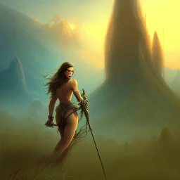 frank frazetta style, sea grass, hills in the distance