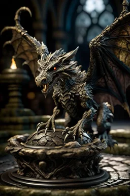 terrifying winged rat dragon hovering above gargoyle sculpture with rattle snake head on underground bone bridge, wizard spell background, in the style of fantasy movies, photorealistic, shot on Hasselblad h6d-400c, zeiss prime lens, bokeh like f/0.8, tilt-shift lens 8k, high detail, smooth render, down-light, unreal engine 5, cinema 4d, HDR, dust effect, vivid colors