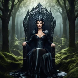 Morena Baccarin as a beautiful sexy dark elf queen seated elegantly on a throne in a mystical forest, dark celtic vignette frame, photo-realistic, cinematic lighting, award-winning photography