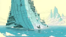 A digital serigraphy by Moebius and Myazaki of full iceberg. Cyberpunk style.