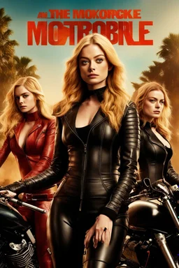 Poster for an action film called "The Motorbike Girls" starring Katherine McNamara, Margot Robbie and Georgia Henshaw wearing skin-tight leather catsuits, arms folded.